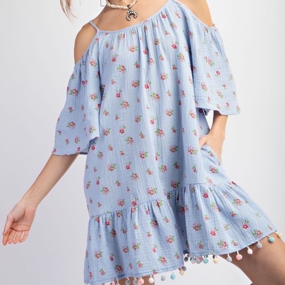 easel Dresses & Skirts - New Easel Cold Shoulder Dress Pom Pom Trim Ruffle Gauze Blue Floral Pockets